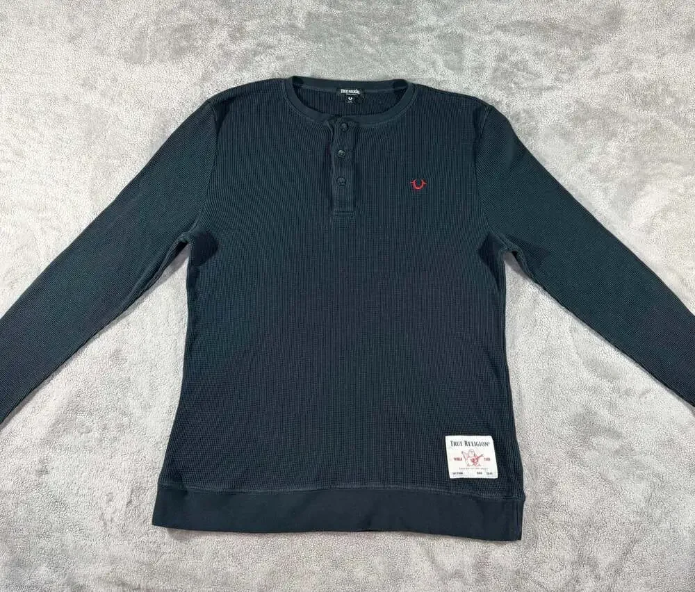 True Religion Men's Waffle Knit Long Sleeve Henley Shirt in Black, L